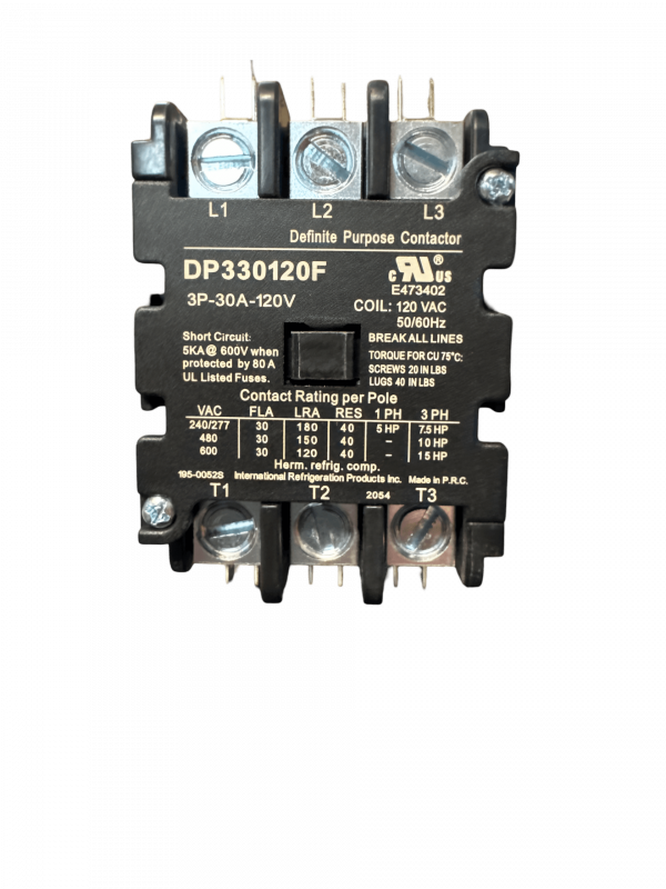 DP330120F, Contactor, definite purpose, 3 pole, 30 Amps, 120 V coil