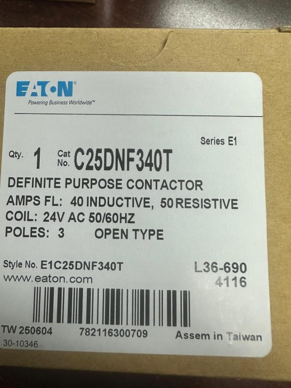 C25DNF340T Contactor, 40A, 3 Poles, Coil/24-480 VAC Coils.