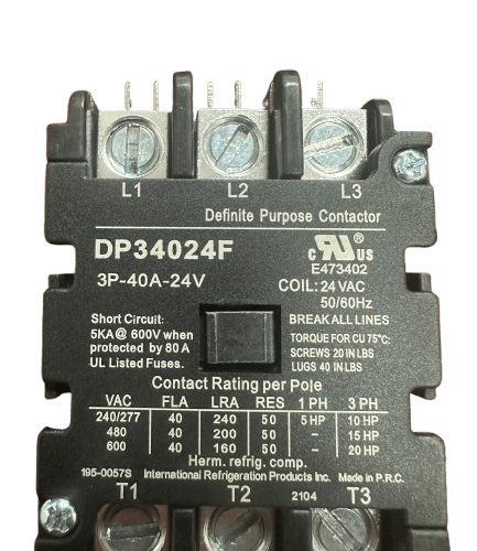 DP34024F, CONTACTOR DEFINED PURPOSE, 40 A, 3 POLES, COIL / 24 VAC.